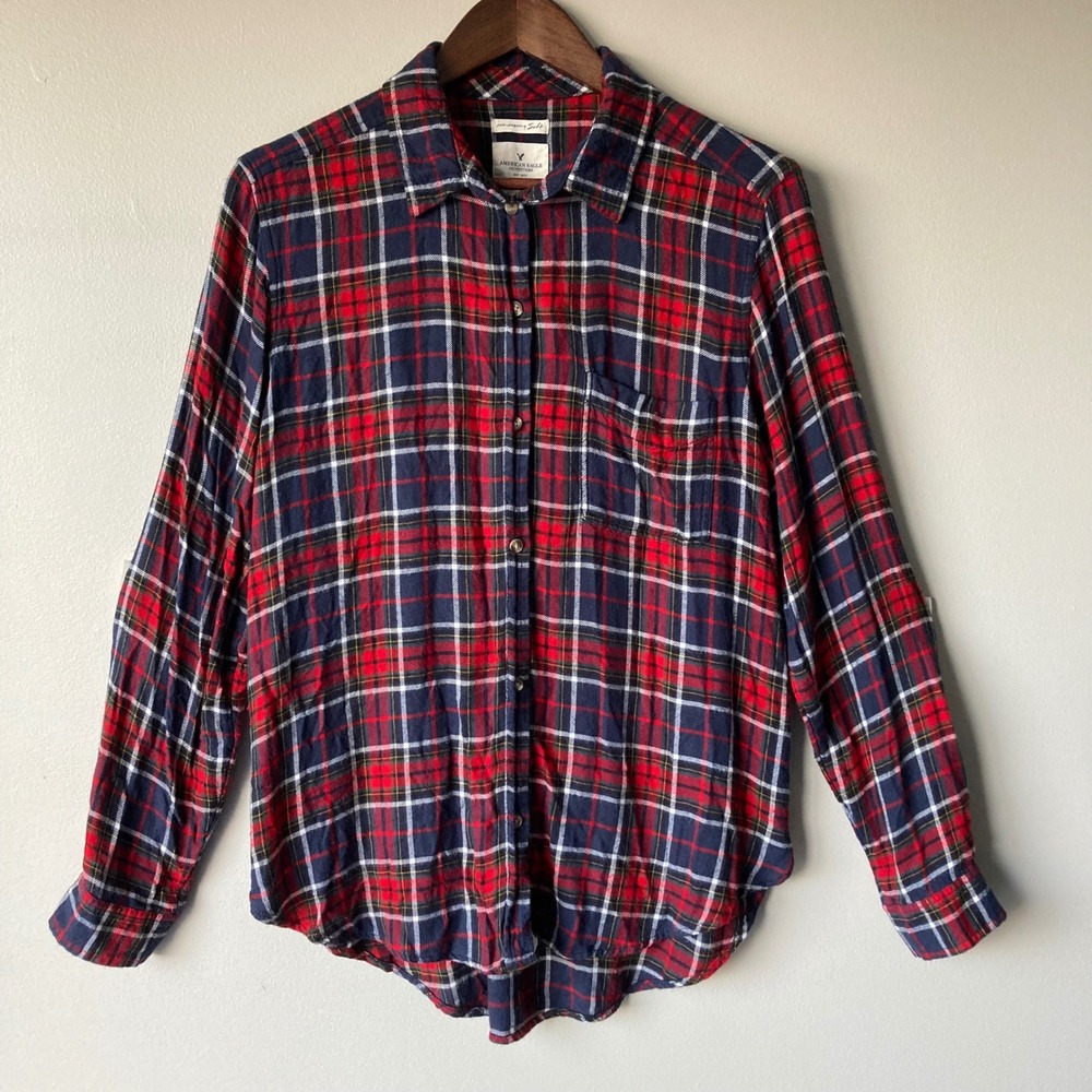 American Eagle Plaid Boyfriend Fit Flannel Shirt Red Navy Blue Viscose Large